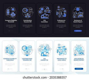 CSR basics dark and light onboarding mobile app page screen. Walkthrough 5 steps graphic instructions with concepts. UI, UX, GUI vector template with linear night and day mode illustrations