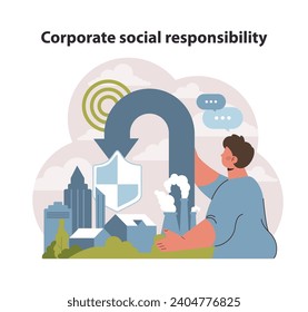 CSR commitment concept illustration. A figure upholds environmental integrity amidst urban development. Emphasizing corporate accountability in sustainability. Flat vector illustration.