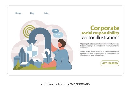 CSR commitment web or landing. A figure upholds environmental integrity amidst urban development. Emphasizing corporate accountability in sustainability. Flat vector illustration.