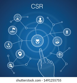 CSR concept, blue background.responsibility, sustainability, ethics, goal simple icons