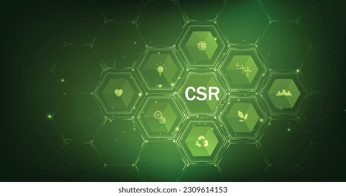 CSR concept design. Corporate social responsibility and giving back to the community on a green background. Modern business concept.	