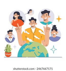 CSR concept. Diverse team collaborates around a globe, spotlighting corporate responsibility. Bridging business with global concerns, emphasizing unity. Harnessing global impact. vector illustration