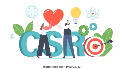 Csr, Corporate Responsibility, Social Citizenship Business Concept. Tiny Businessman and Businesswoman Characters Holding Huge Red Heart Care of Nature and Plants. Cartoon People Vector Illustration