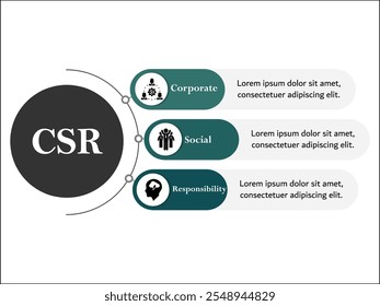 RSC - acrónimo de responsabilidad social Corporativa. Plantilla de infografía con iconos y marcador de posición de descripción