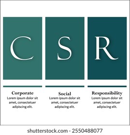 RSC - acrónimo de responsabilidad social Corporativa. Plantilla de infografía con iconos y marcador de posición de descripción