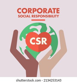 CSR corporate social responsibility, globe in hand and heart illustration vector design poster