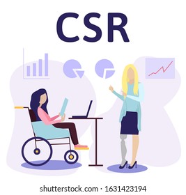 CSR. Corporate Social Responsibility. Job for Disabled People. Woman with Disabilities in Wheelchair and girl with prosthesis are working with computer and paper in office. Vector Flat Illustration