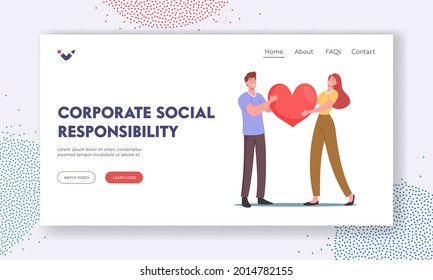 Csr, Corporate Social Responsibility. Landing Page Template. Couple Huge Red Heart in Hands. Eco Model for Internal Organizational Policy, Business Strategy. Cartoon People Vector Illustration