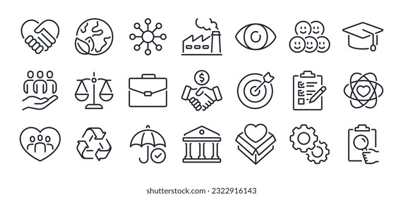 CSR Corporate social responsibility and sustainability editable stroke outline icon isolated on white background flat vector illustration. Pixel perfect. 64 x 64.