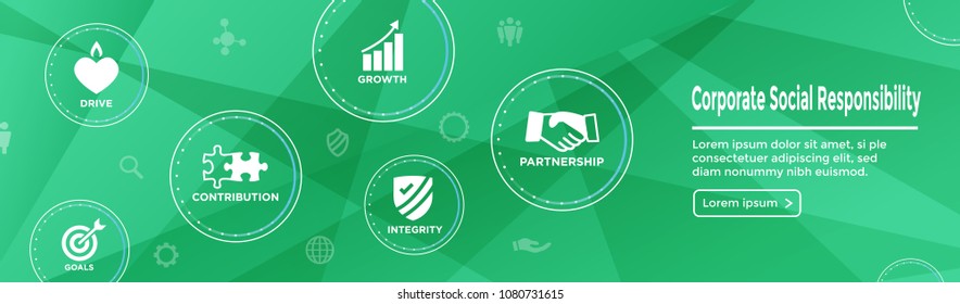 CSR - Corporate social responsibility web banner with Icon Set w Honesty, integrity, collaboration, etc 