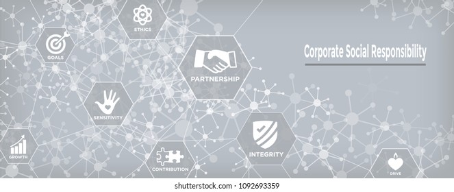 CSR - Corporate social responsibility web banner with Icon Set w Honesty, integrity, collaboration, etc 