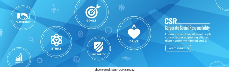 CSR - Corporate social responsibility web banner with Icon Set w Honesty, integrity, collaboration, etc 