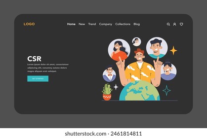 CSR dark or night mode web, landing. Diverse team collaborates around a globe, spotlighting corporate responsibility. Bridging business with global concerns. Harnessing global impact. vector