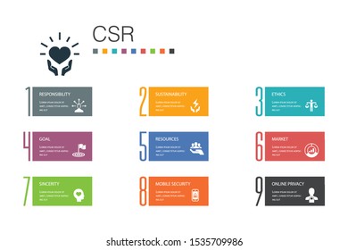 CSR Infographic 10 option line concept.responsibility, sustainability, ethics, goal simple icons