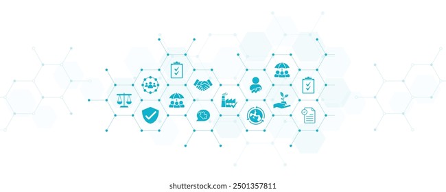 CSR and ISO vector illustration. Concept with icons related to corporate social responsibility, corporate self regulation or corporate conscience, ethics or values, company policy and standards.