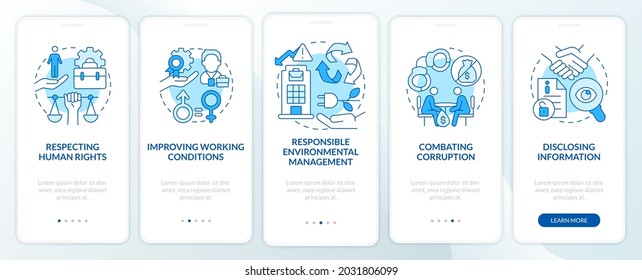 CSR issues blue onboarding mobile app page screen. Corporate social responsibility walkthrough 5 steps graphic instructions with concepts. UI, UX, GUI vector template with linear color illustrations
