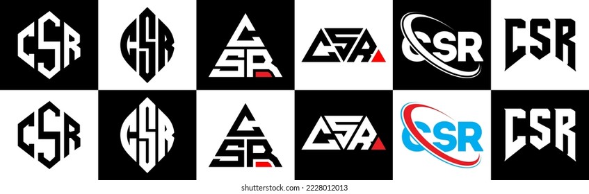 CSR letter logo design in six style. CSR polygon, circle, triangle, hexagon, flat and simple style with black and white color variation letter logo set in one artboard. CSR minimalist and classic logo