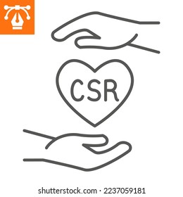 Icono de línea CSR, icono de estilo de contorno para sitio web o aplicación móvil, mano y corazón, icono de vector de organización social, ilustración vectorial simple, gráficos vectoriales con trazos editables.