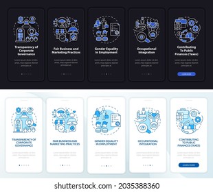 CSR matters dark and light onboarding mobile app page screen. Walkthrough 5 steps graphic instructions with concepts. UI, UX, GUI vector template with linear night and day mode illustrations