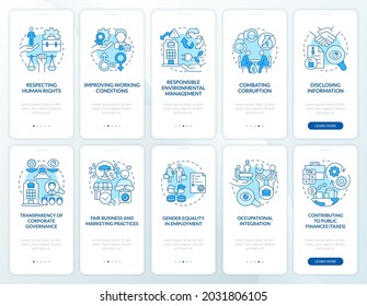 CSR offence blue onboarding mobile app page screen set. Rights at workplace walkthrough 5 steps graphic instructions with concepts. UI, UX, GUI vector template with linear color illustrations