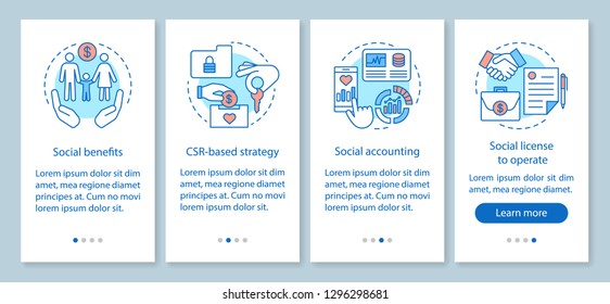 CSR onboarding mobile app page screen vector template. Corporate social responsibility walkthrough website steps. Social benefits, accounting, license. UX, UI, GUI smartphone interface concept