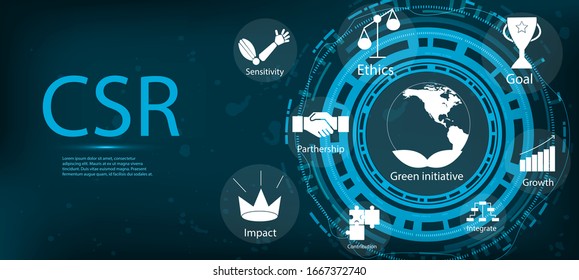 CSR Social Responsibility, web page banner template with icons and conceptual text. Responsibility and social life icons set. Abstract CSR background, vector illustration