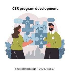 CSR strategy assembly visual. Collaborative shaping of corporate ethics and green practices. Integrating sustainability into the business puzzle. Flat vector illustration.