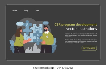 CSR strategy assembly web or landing. Collaborative shaping of corporate ethics and green practices. Integrating sustainability into the business puzzle. Flat vector illustration.