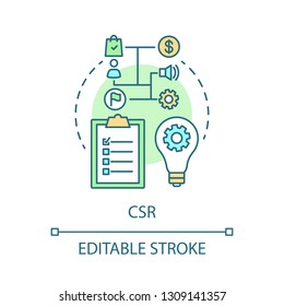 CSR strategy concept icon. Corporate social responsibility idea thin line illustration. Business planning. Management. Goal settings. Vector isolated outline drawing. Editable stroke