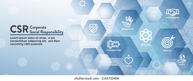 CSR-Social Responsibility Web Banner Icon Set & Web Header Banner w Honesty, integrity, collaboration, etc 