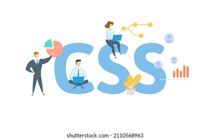CSS, Cascading Style Sheets. Concept with keyword, people and icons. Flat vector illustration. Isolated on white.