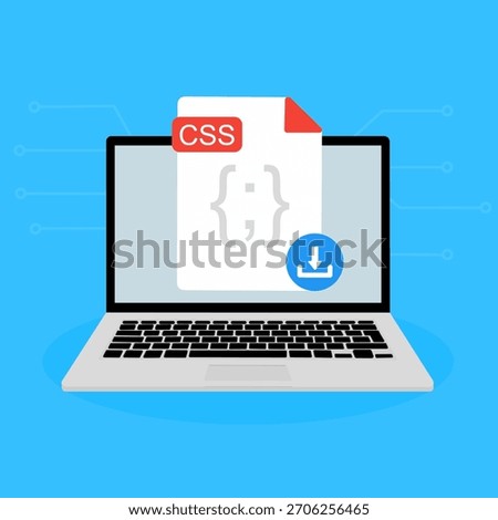 CSS File Download on Laptop. CSS document appearing on a laptop screen with a download icon.