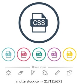 CSS file format flat color icons in round outlines. 6 bonus icons included.