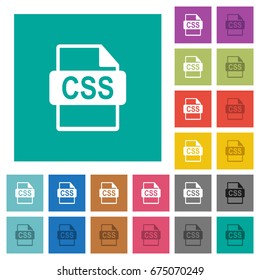 CSS file format multi colored flat icons on plain square backgrounds. Included white and darker icon variations for hover or active effects.
