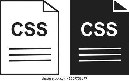 CSS file icon set. CSS file type symbol. File CSS format icon in black filled and outlined style isolated on transparent background. Ideal for technology or data related content, vector illustration.