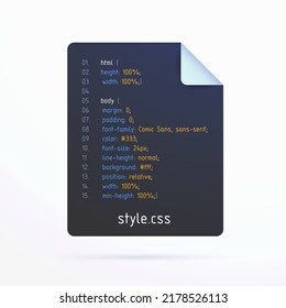 CSS - flat vector icon. Cascading Style Sheets file document concept with real structured id and elements stylesheet fragment, language code for web development. svg