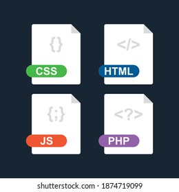 Css, html, js, php. Collection of web development file format flat icon. Vector