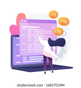 Css and HTML programming languages. Computer programming , coding, IT. Female programmer cartoon character. Software, website development. Vector isolated concept metaphor illustration.