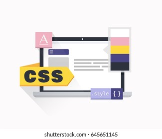 CSS script code, developer web concept.Software coding, programming languages, testing, debugging, website. Vector illustration flat design.