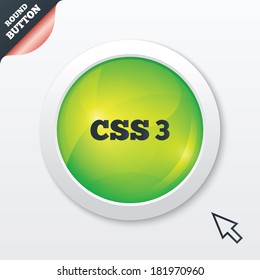 CSS3 sign icon. Cascading Style Sheets symbol. Green shiny button. Modern UI website button with mouse cursor pointer. Vector