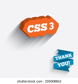 CSS3 sign icon. Cascading Style Sheets symbol. White icon on orange 3D piece of wall. Carved in stone with long flat shadow. Vector