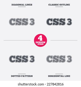 CSS3 sign icon. Cascading Style Sheets symbol. Diagonal and horizontal lines, classic outline, dotted texture. Pattern design icons.  Vector