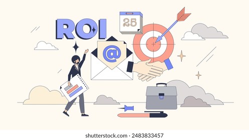 C-suite targeted email campaigns tiny person neubrutalism concept. Mail letter marketing strategy aimed for CEO, CFO or other top level executives for agreement or deal closure vector illustration.