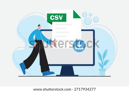 CSV File Download Concept Illustration with Businessman and Computer Screen, Data Export and Spreadsheet Format