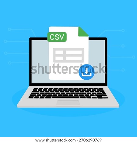 CSV File Download on Laptop. CSV document appearing on a laptop screen with a download icon.