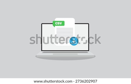 CSV File Download on Laptop. CSV document appearing on a laptop screen with a download icon.