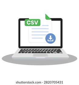 CSV file download vector illustration featuring laptop computer with spreadsheet document isolated on white background for data management software reporting office applications and digital technology projects.