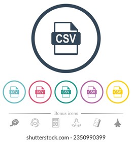 Iconos de color plano de formato de archivo CSV en contornos redondos. 6 iconos de bonificación incluidos.