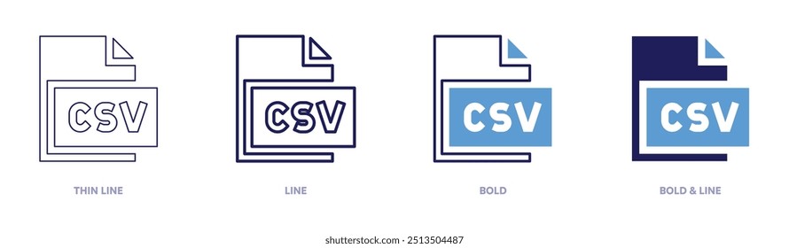 Icono de Csv en 4 estilos diferentes. Línea delgada, línea, negrita y línea negrita. Estilo duotono. Trazo editable.