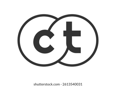 CT business company emblem with outline rounds and letters c t. Logo template of two merged circles for brand identity, logotype. Vector Infinity symbol  and technology sign.